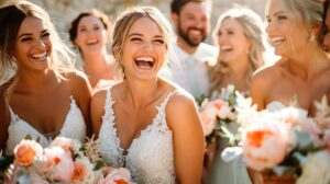 Bride-to-be laughing with bridesmaids on a sunny day before the wedding ceremony
