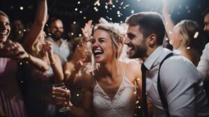 Bride and groom smiling with guests on the dance floor