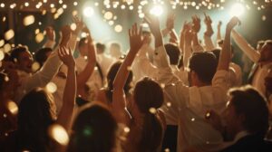 Wedding guests dancing with their hands in the air at the evening reception